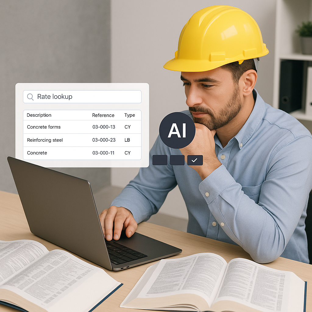 A construction estimator sitting beside a laptop showing a rate lookup interface, surrounded by open 2,000-page rate boo...
