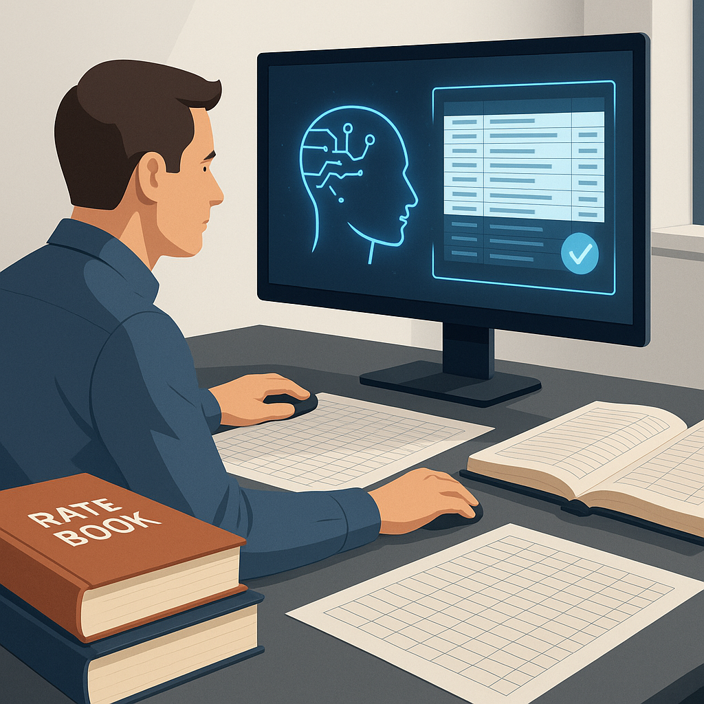 A construction estimator at a desk, surrounded by large rate books and spreadsheets, with a glowing AI interface on thei...