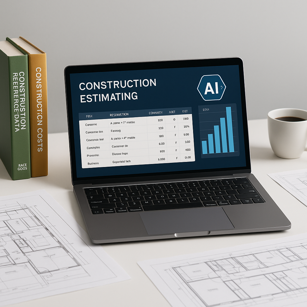 A construction estimator's desk with AI software on a laptop screen. The background includes rate books, blueprints, and...