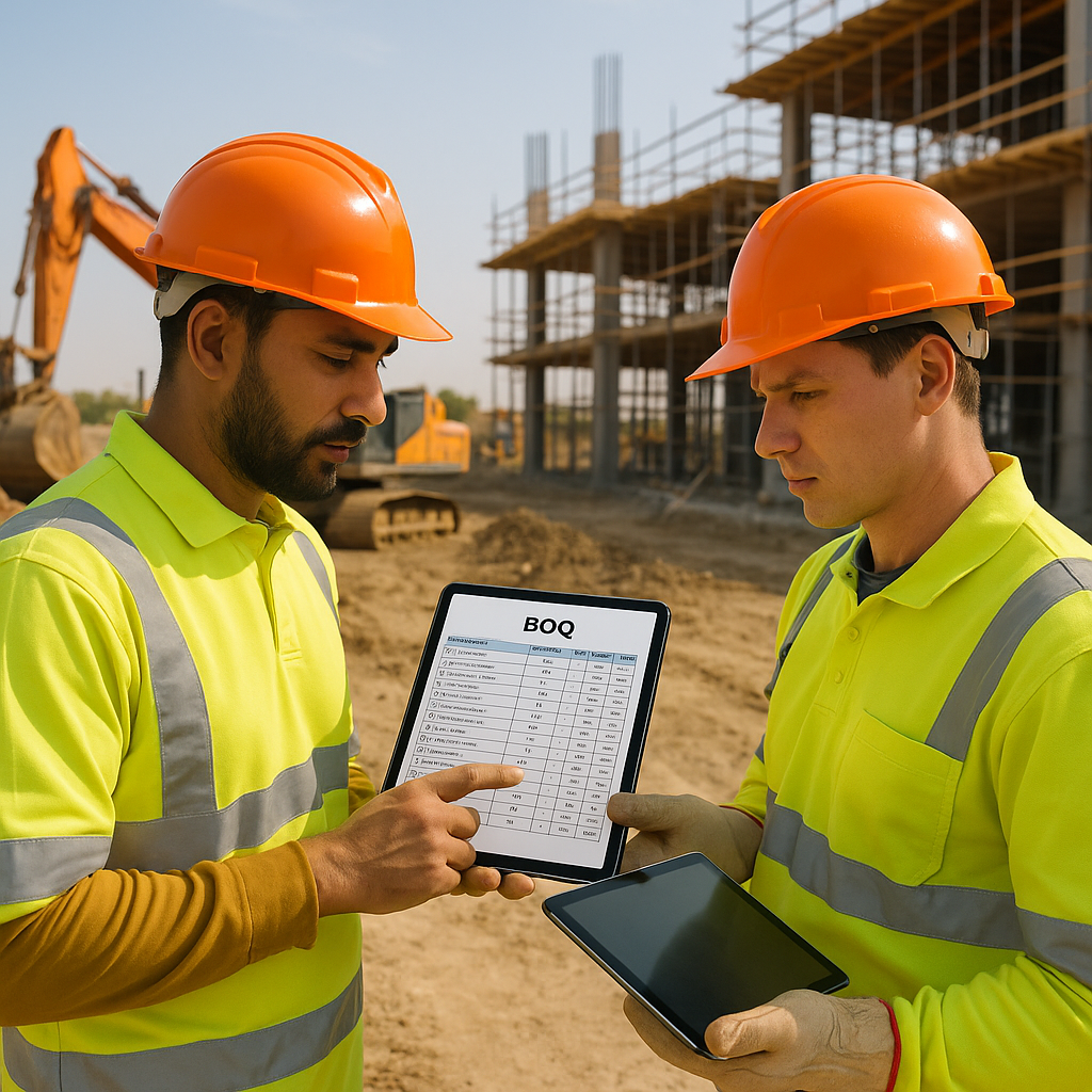 A construction site in GCC with workers reviewing a detailed BOQ on tablets, surrounded by excavation equipment and scaf...