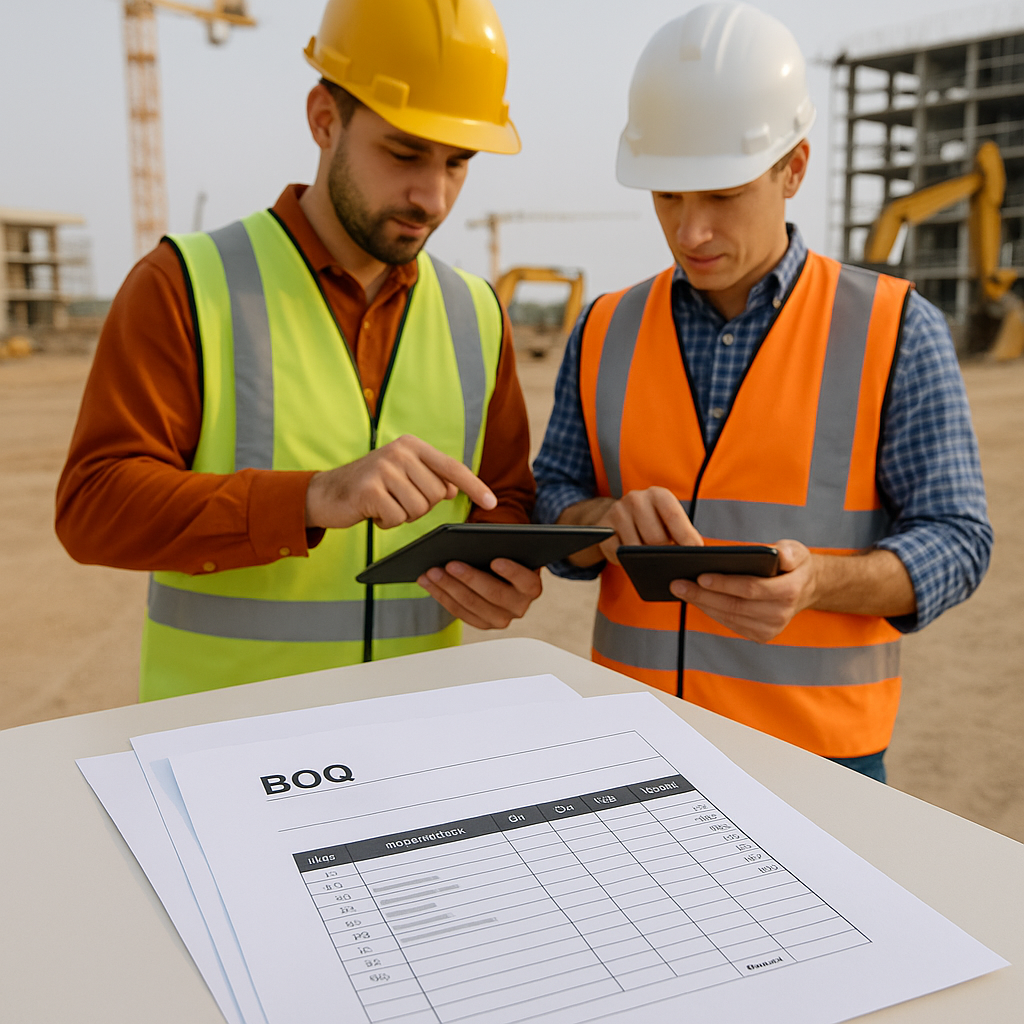 A construction site with workers calculating costs on tablets, BOQ documents visible in the foreground, modern machinery...