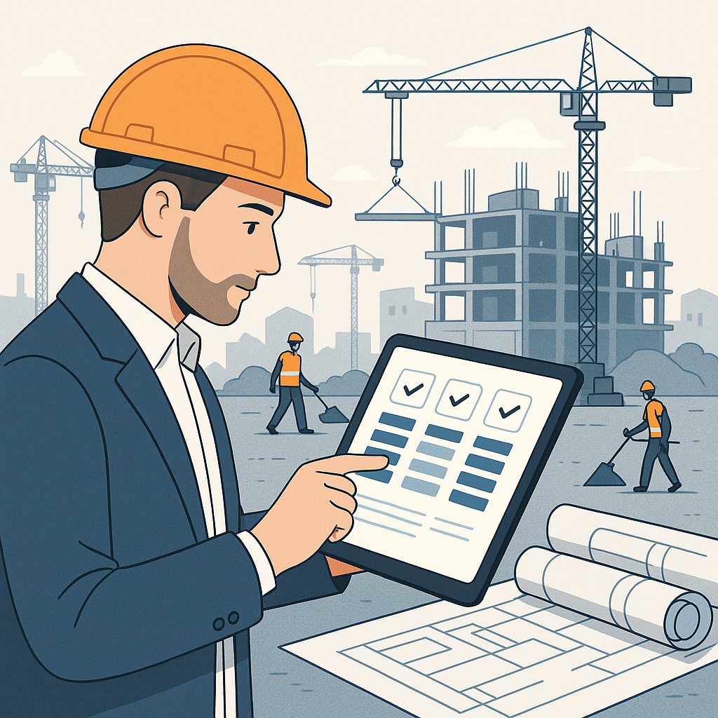 A detailed illustration showing a construction project manager reviewing a digital vendor comparison report on a tablet,...