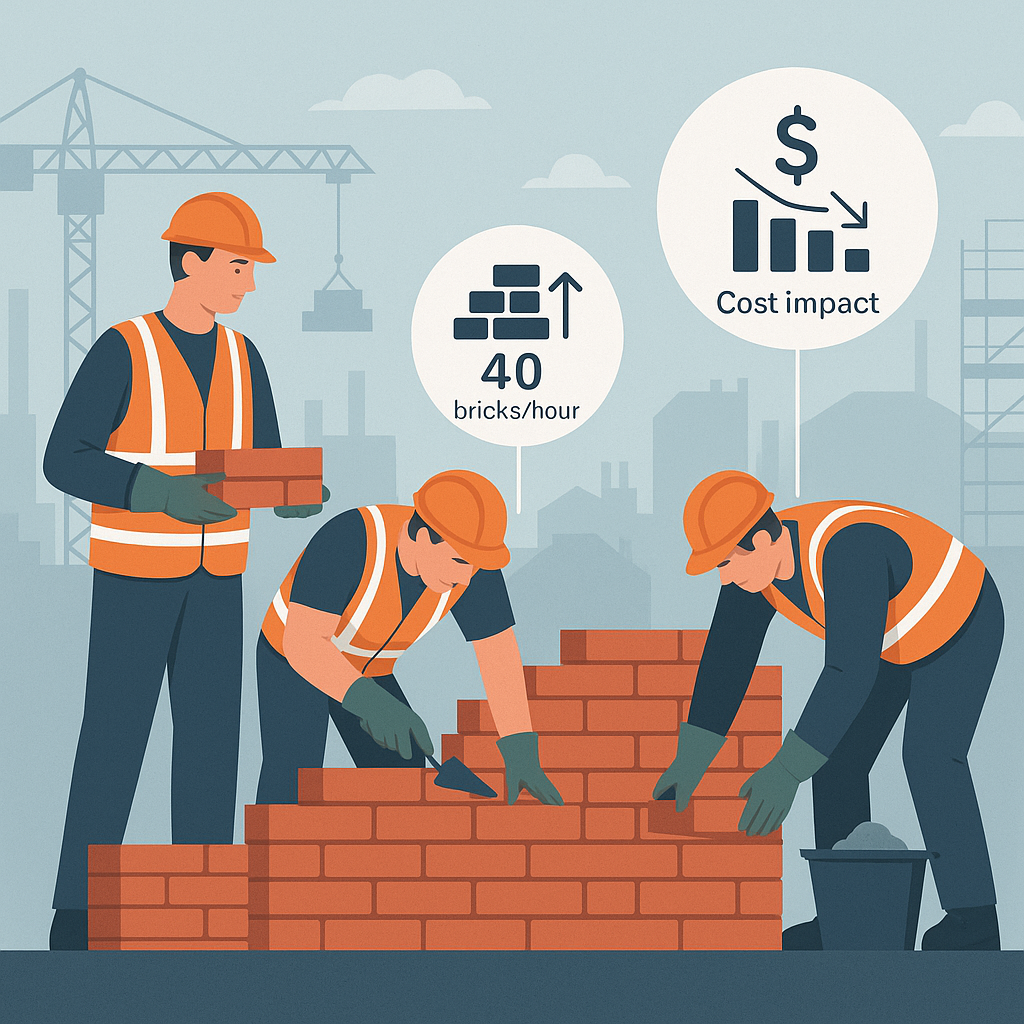 A detailed illustration of construction workers laying bricks on a job site, with overlay graphics showing productivity...