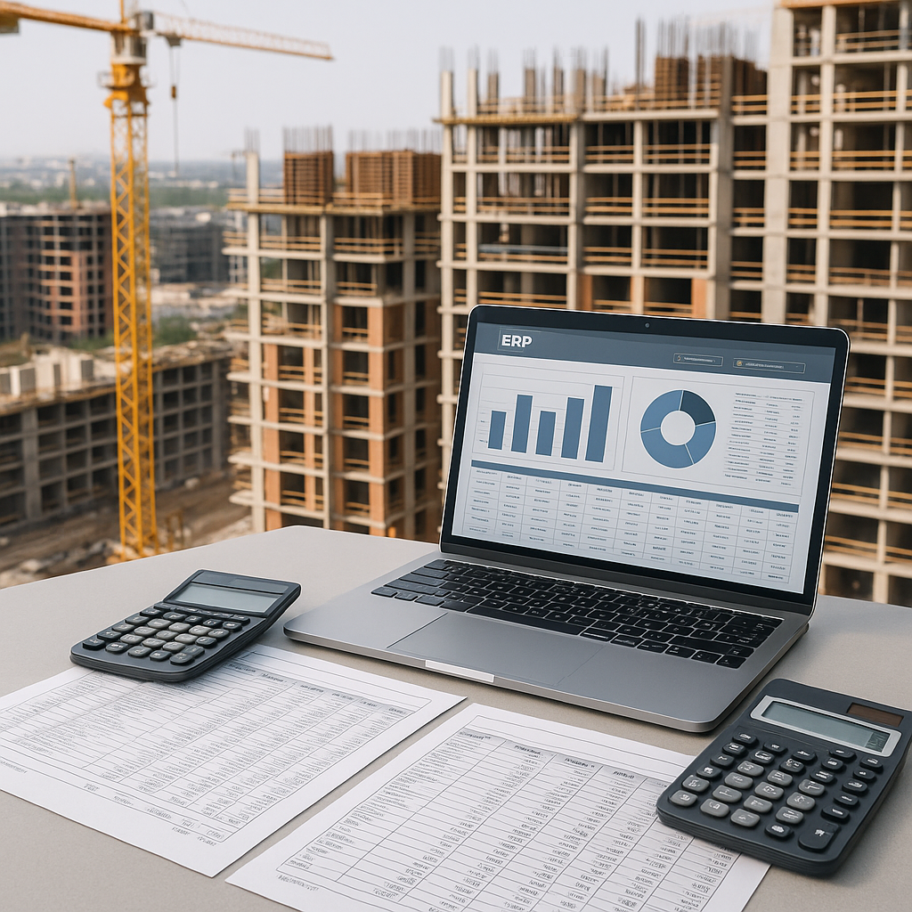 A construction site with detailed BOQ sheets, calculators, and a laptop displaying an ERP system interface. Include an e...