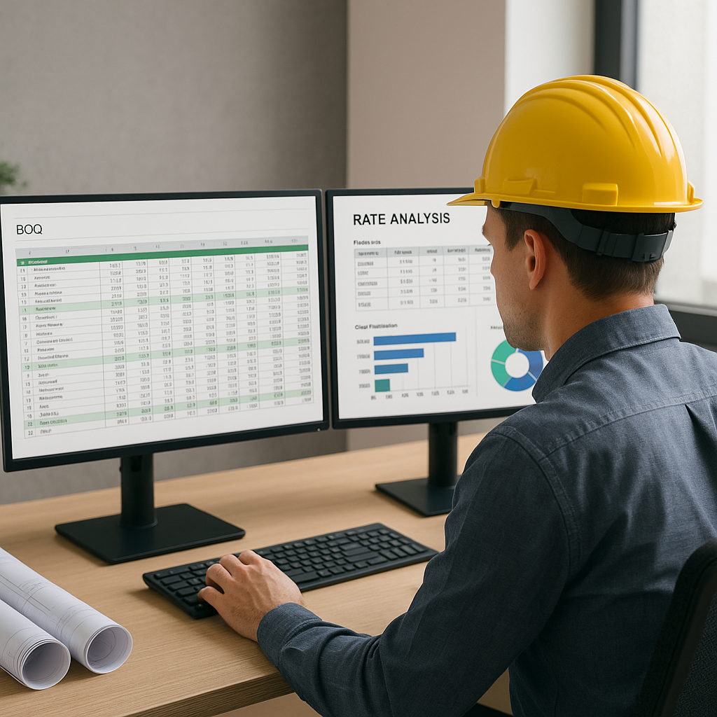 A construction estimator working on dual monitors, one showing a complex Excel BOQ and the other displaying an AI-genera...