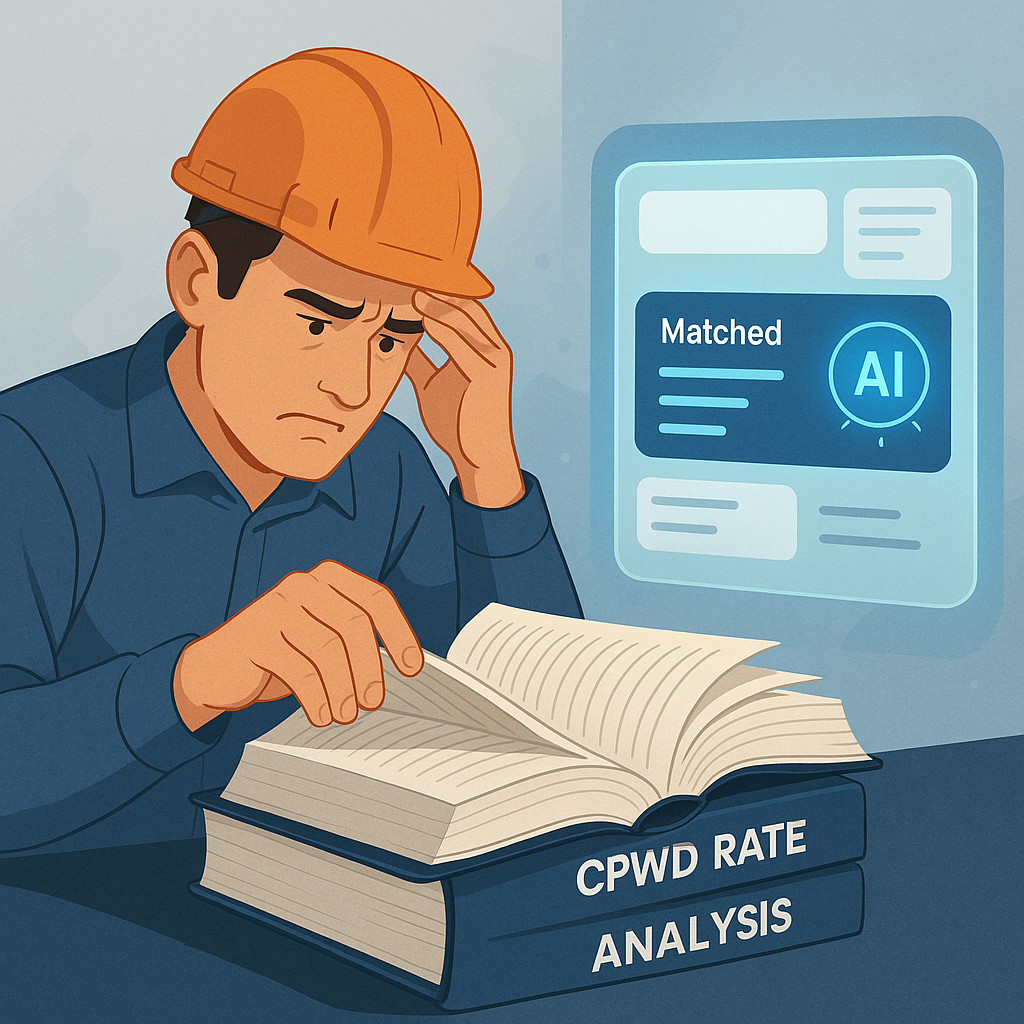 A frustrated contractor flipping through thick CPWD rate books, with an AI-powered platform interface glowing in the bac...