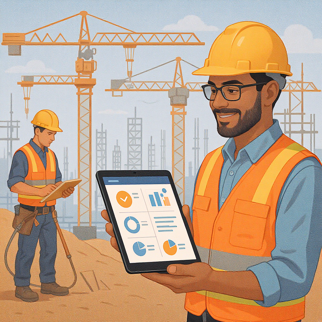 A detailed illustration of a construction site with subcontractors working, a project manager holding a tablet showing p...