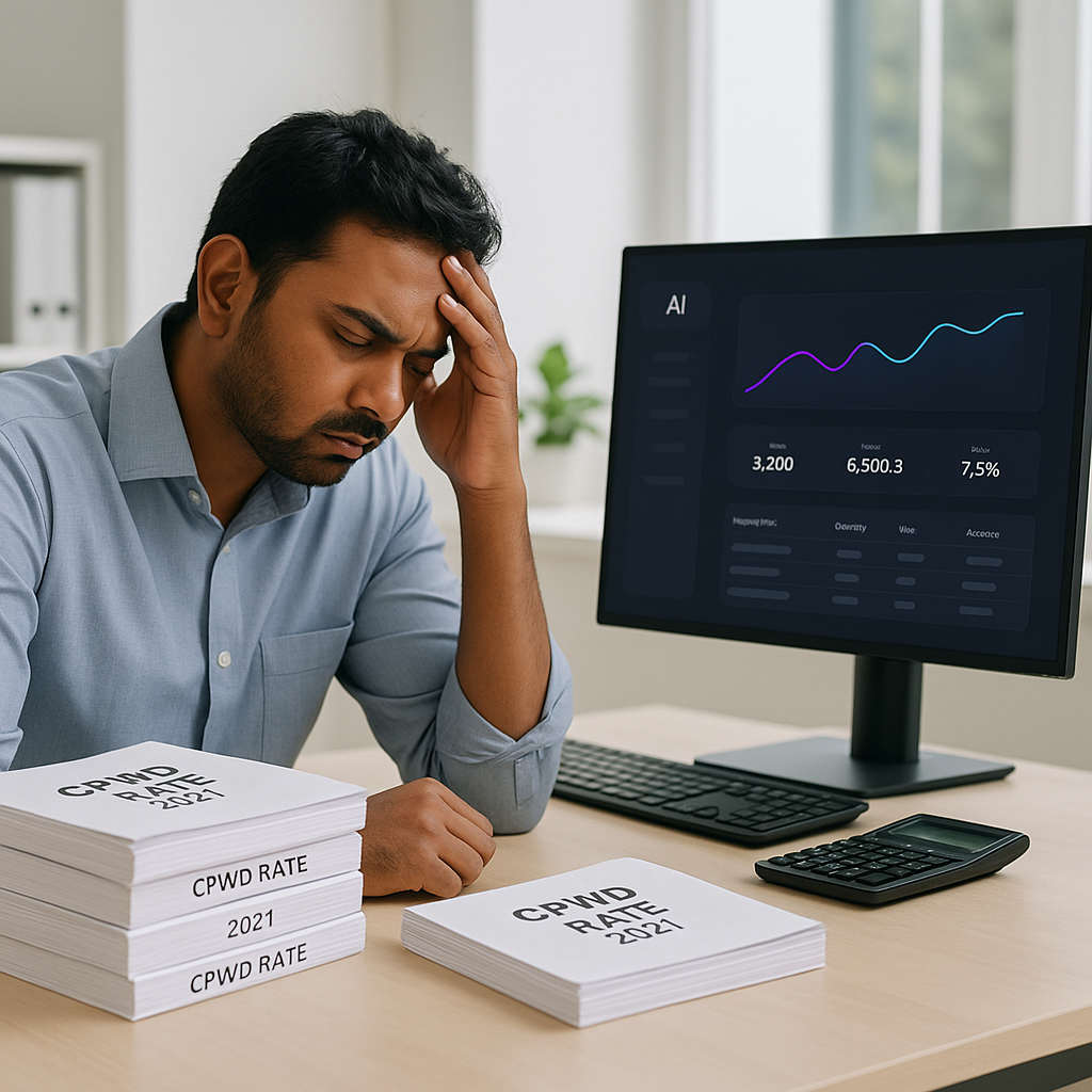 An Indian construction estimator frustrated at his desk with stacks of CPWD rate PDFs, contrasted with a sleek AI-powere...