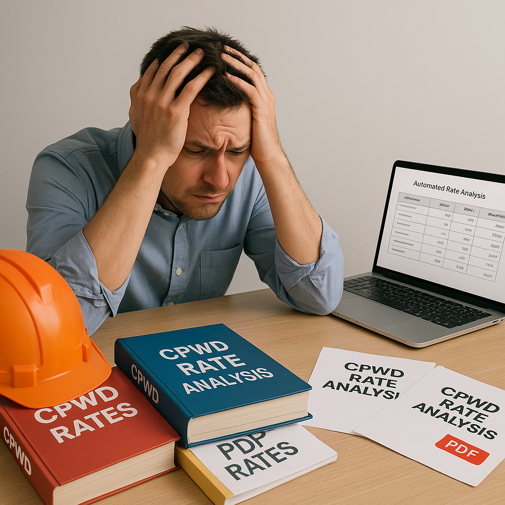 An AI-generated image of a frustrated contractor surrounded by physical CPWD rate books and PDFs, contrasted with a slee...