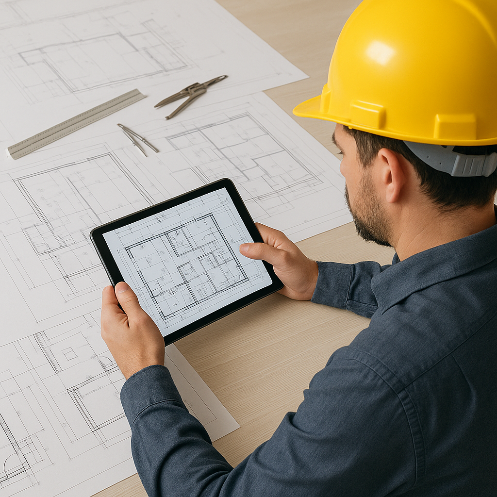 A construction estimator working on a digital blueprint using a tablet, juxtaposed with an image of a desk cluttered wit...