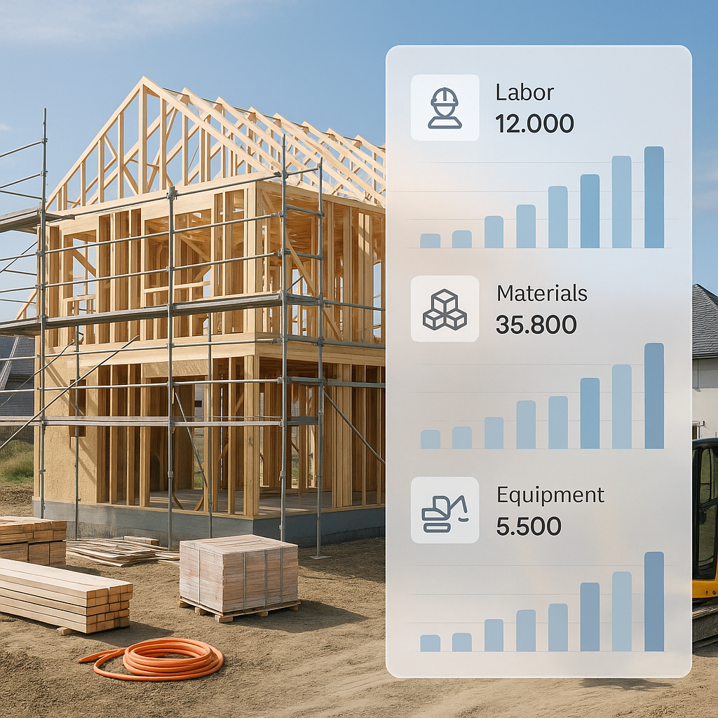 A residential construction site with AI-driven software overlay showing detailed BOQ estimates for labor, materials, and...