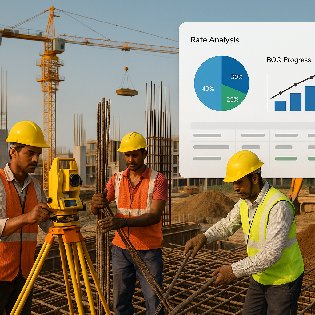 An Indian construction site with workers and equipment in action, overlaid with a digital dashboard showing rate analysi...