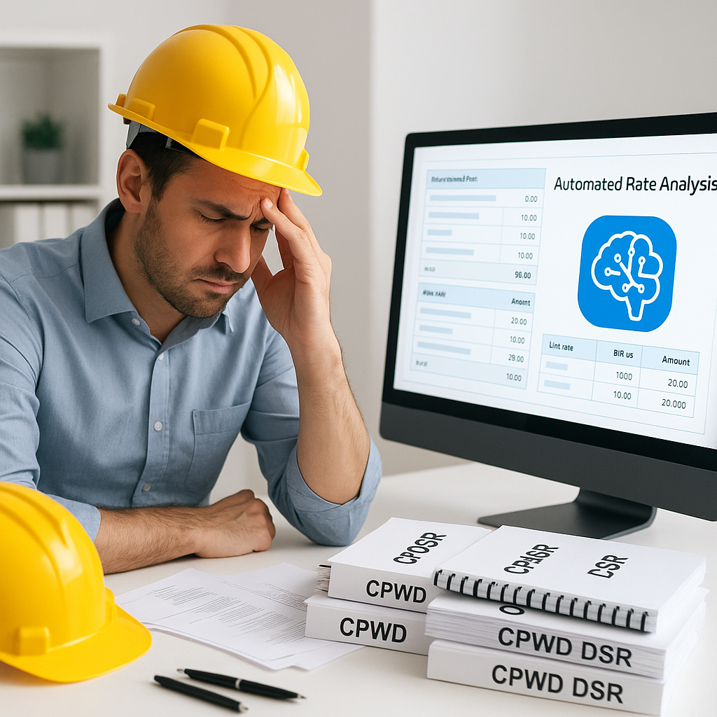 A contractor frustrated at a cluttered desk with CPWD DSR PDFs, next to an AI-powered computer screen showing automated...