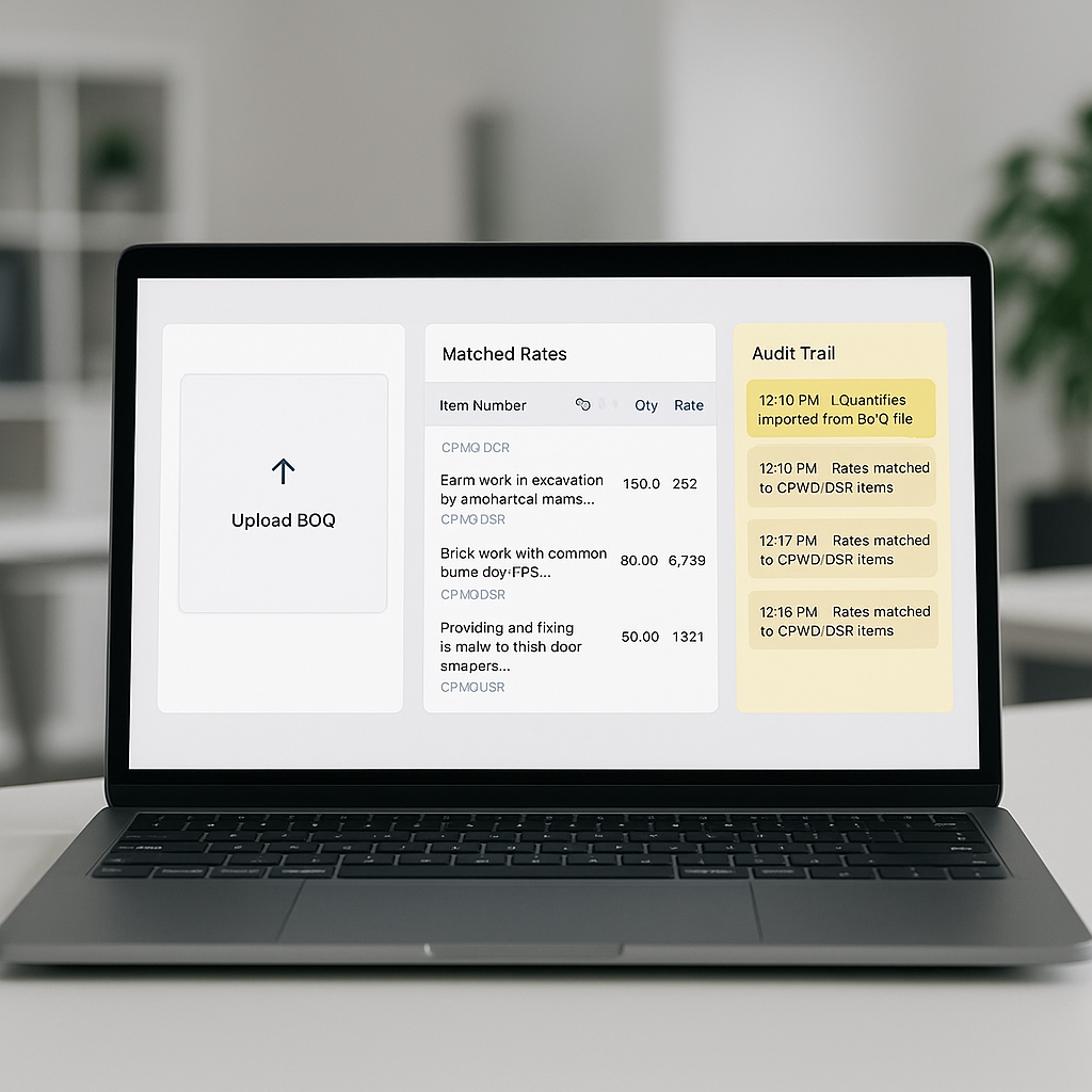 An AI-powered construction estimation tool in action, showing a laptop with a BOQ upload screen, matched rates from CPWD...
