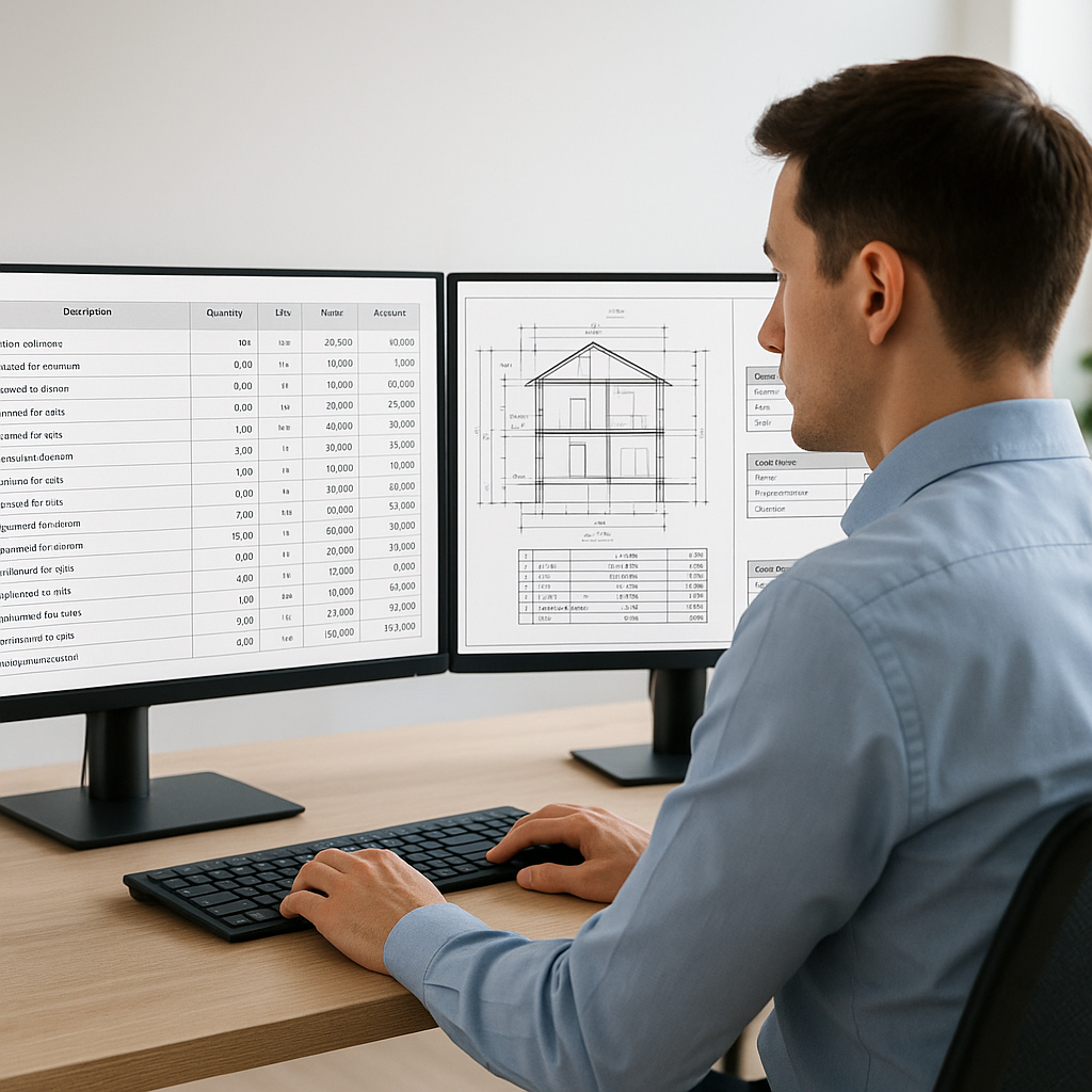 An AI-powered construction estimator analyzing a detailed BOQ template with PDF drawings and rate catalogs visible on a...