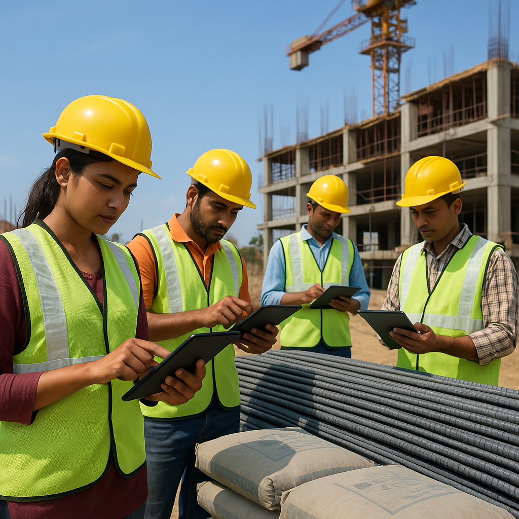 A construction site in India with workers referencing CPWD rate schedules on tablets, surrounded by materials like steel...