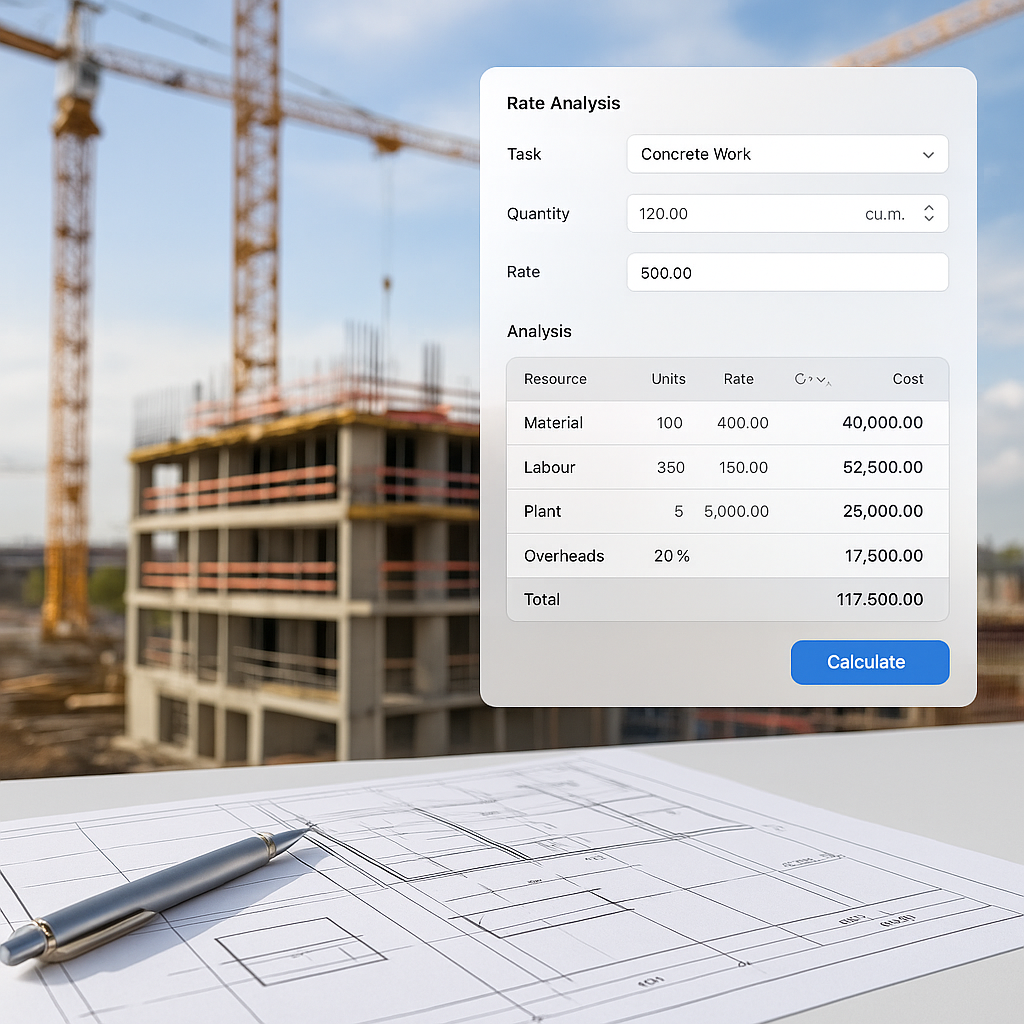 A civil engineering project site with construction drawings and an AI-powered tool interface overlay showing rate analys...