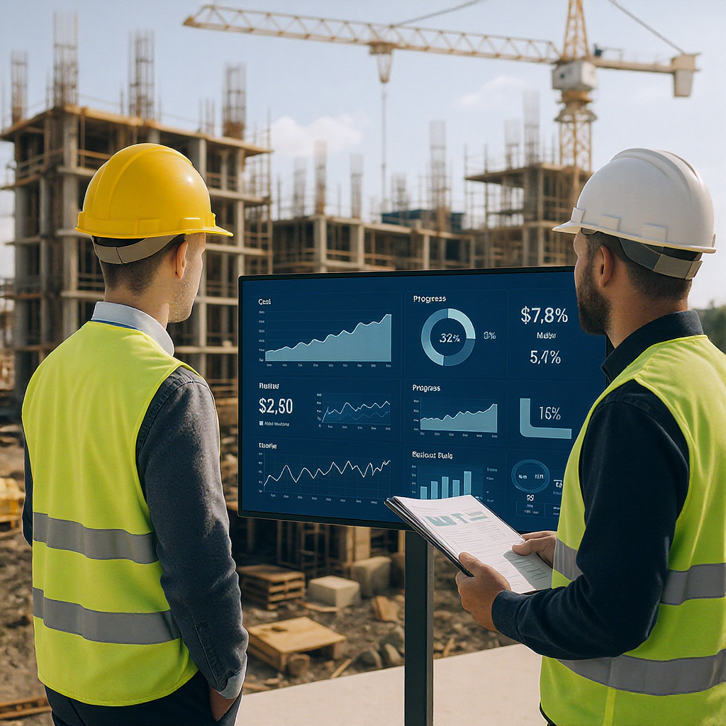 A realistic illustration of a construction site with project managers reviewing a digital dashboard showing real-time co...