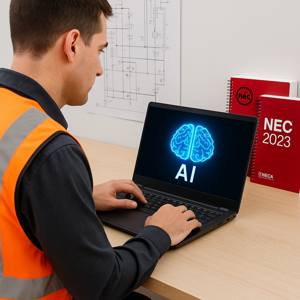 A construction estimator using an advanced AI tool on a laptop, with electrical schematics and NEC codebooks in the back...