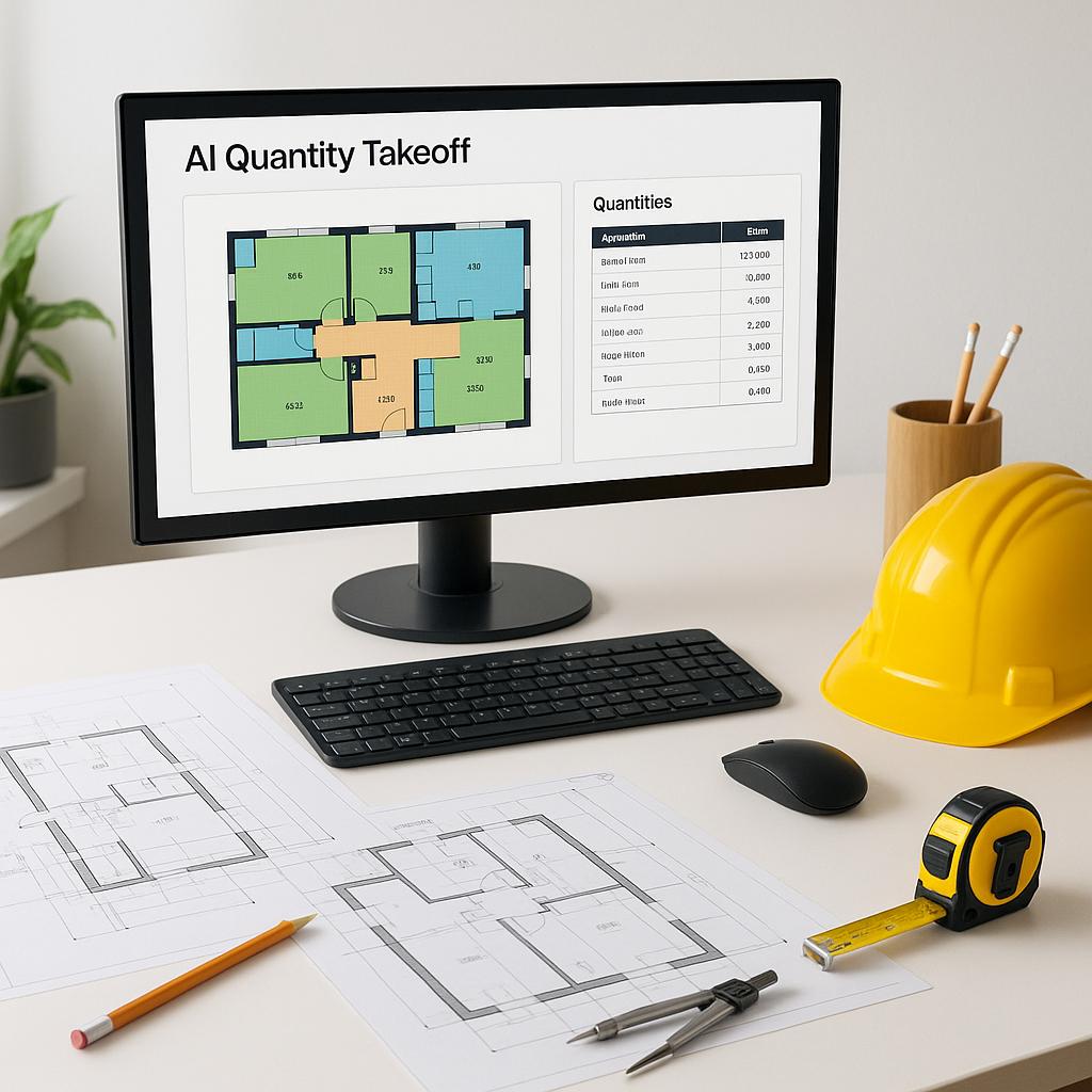 A high-resolution image of a construction estimator's desk with AI software open on a screen showing automatic quantity...