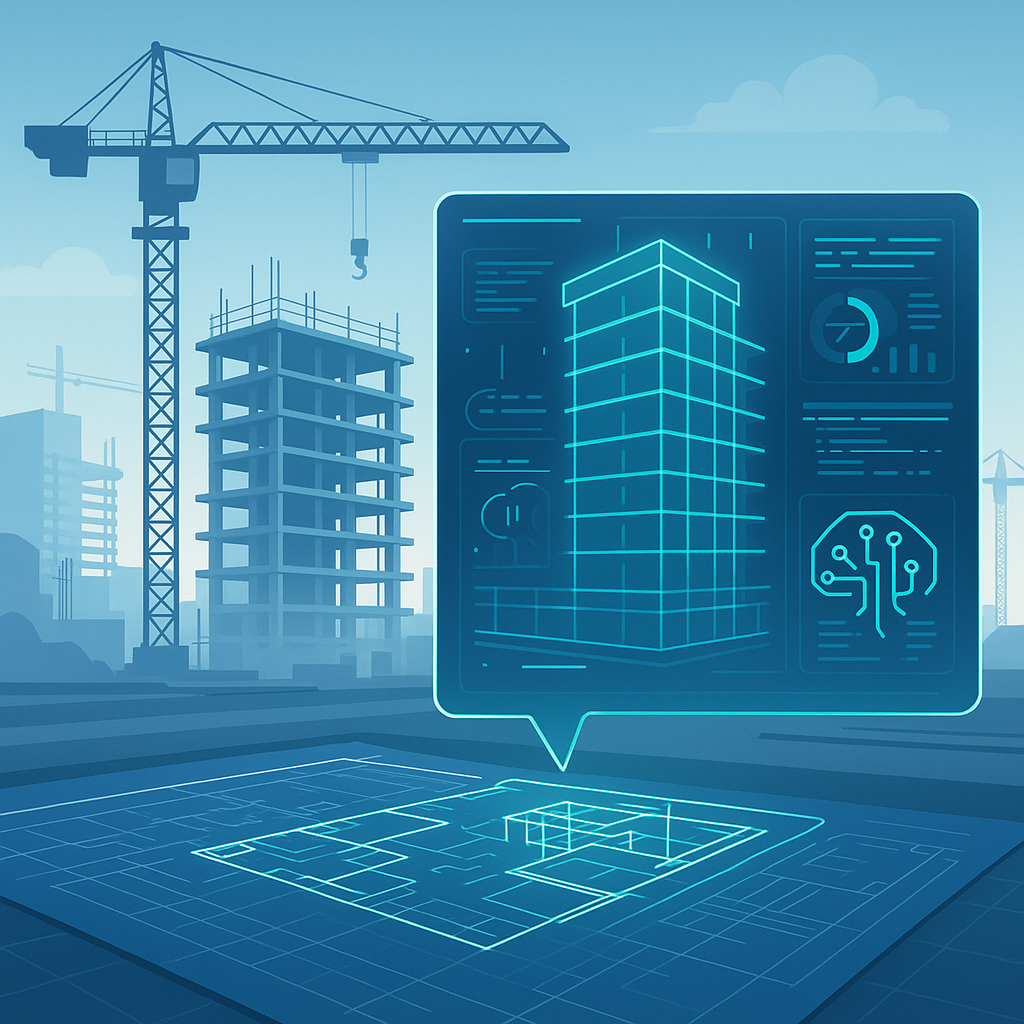 A futuristic construction site with blueprints and digital overlays, showing AI analyzing building plans on a holographi...