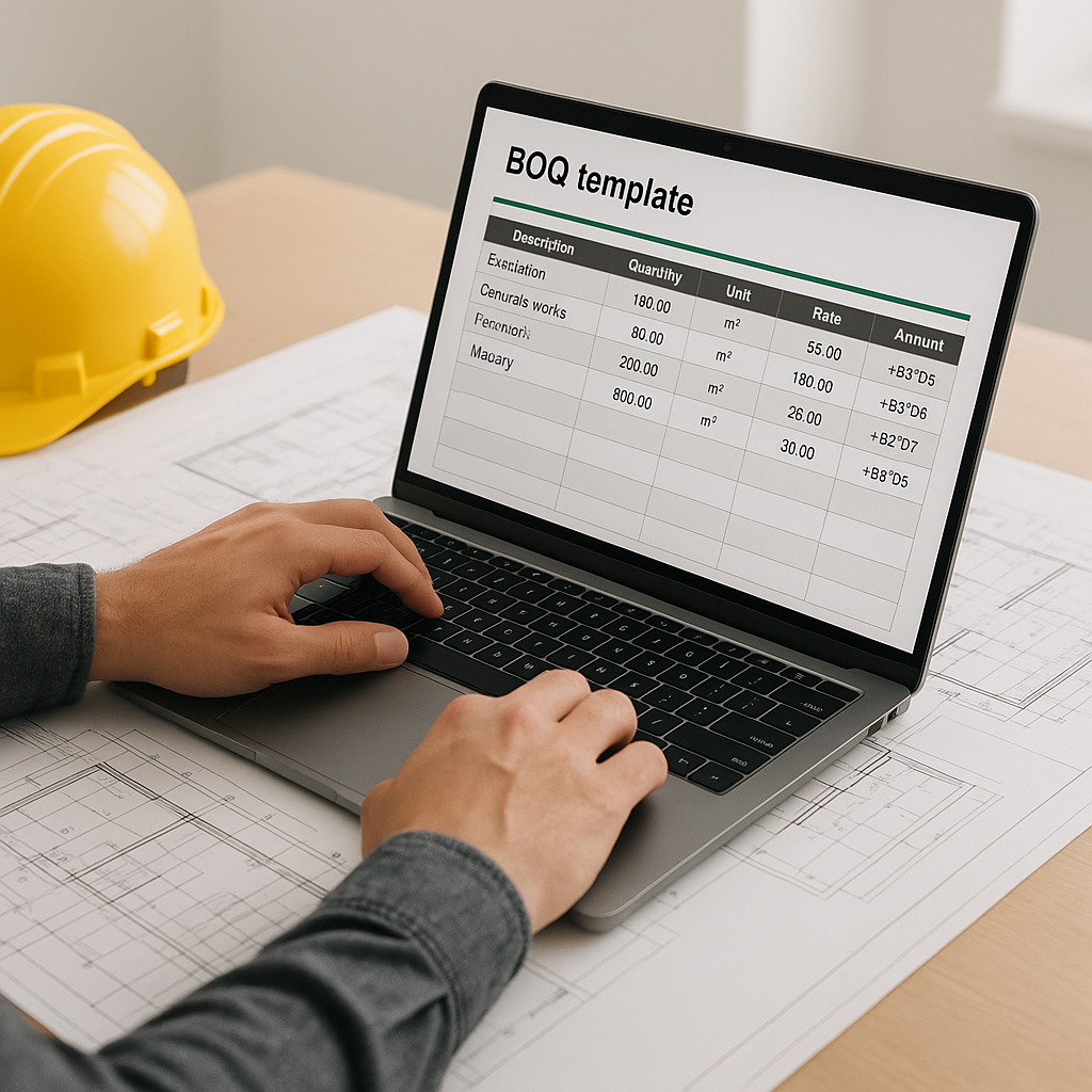 A contractor reviewing a detailed BOQ template on a laptop with construction plans spread on the desk, showcasing struct...