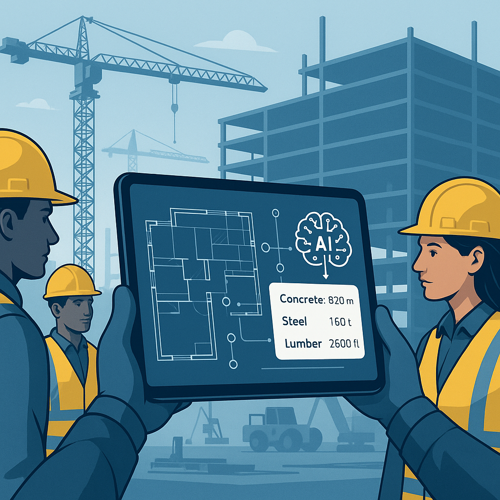 A futuristic construction site with an AI-powered tablet interface extracting quantities from blueprint drawings, surrou...
