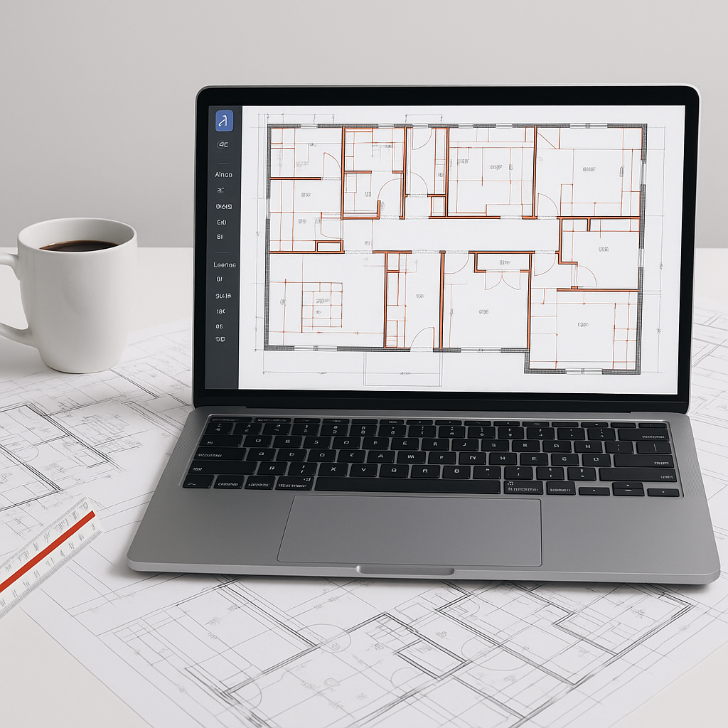 A construction estimator's desk with a laptop showing an AI-powered takeoff tool analyzing a set of building drawings, s...