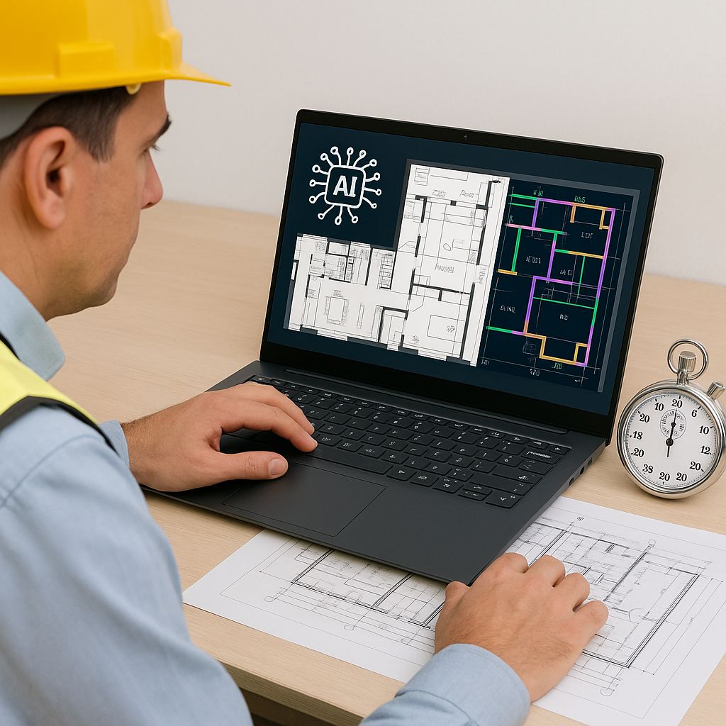 A construction estimator working on a laptop with AI-powered software, with a blueprint and digital drawings visible on...