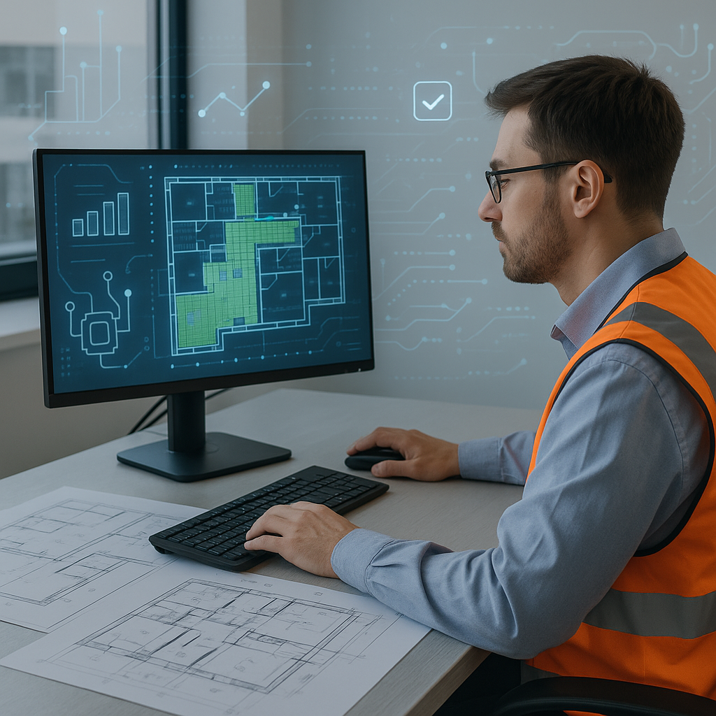 A construction estimator at their desk, looking at a monitor showing automated takeoff results. Include blueprints and A...