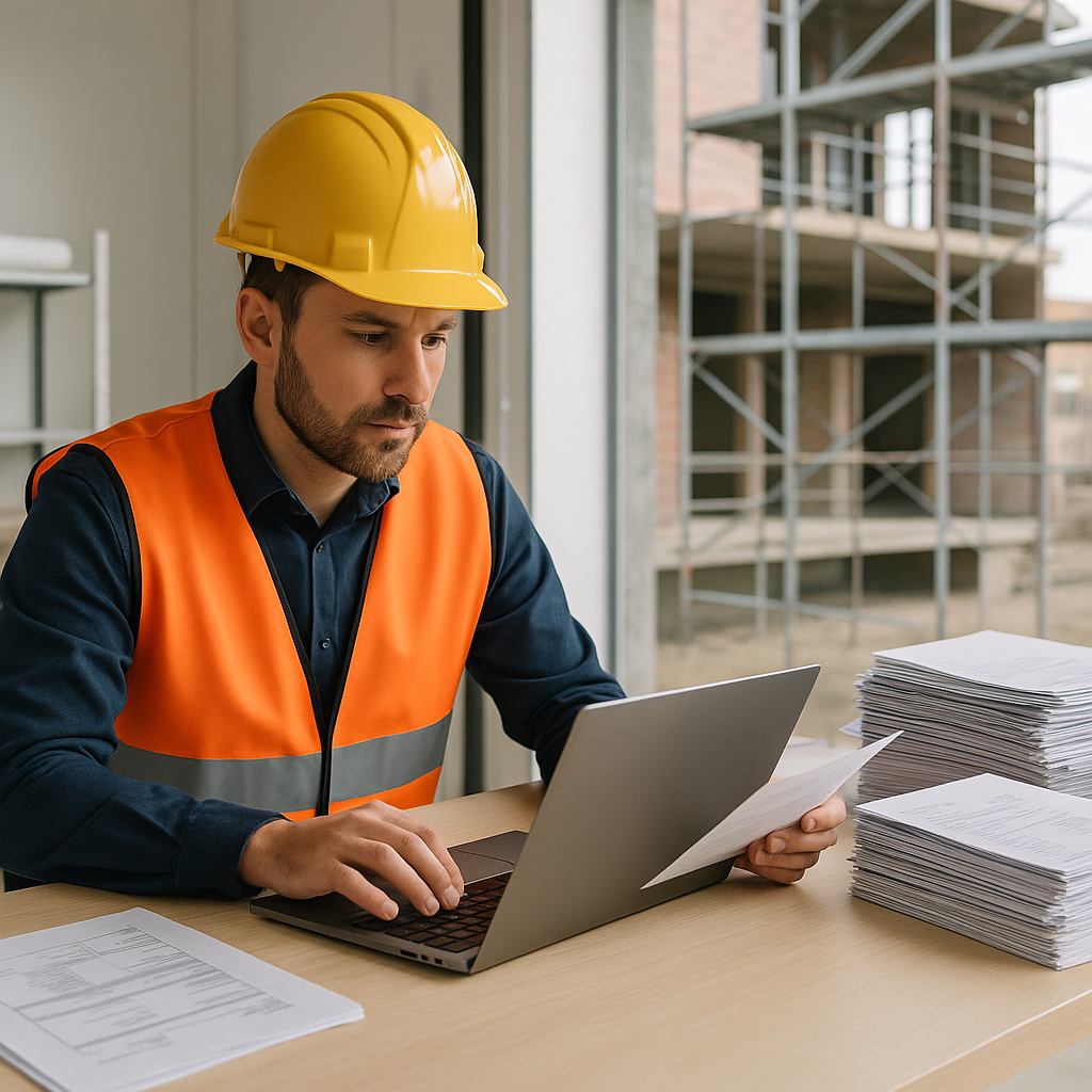 A procurement manager in a construction site office, reviewing vendor offers on a laptop with stacks of material invoice...
