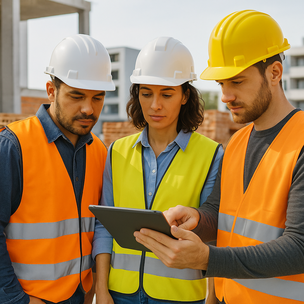 A contractor team on a construction site using a mobile tablet to input data into a BOQ builder app, with construction m...
