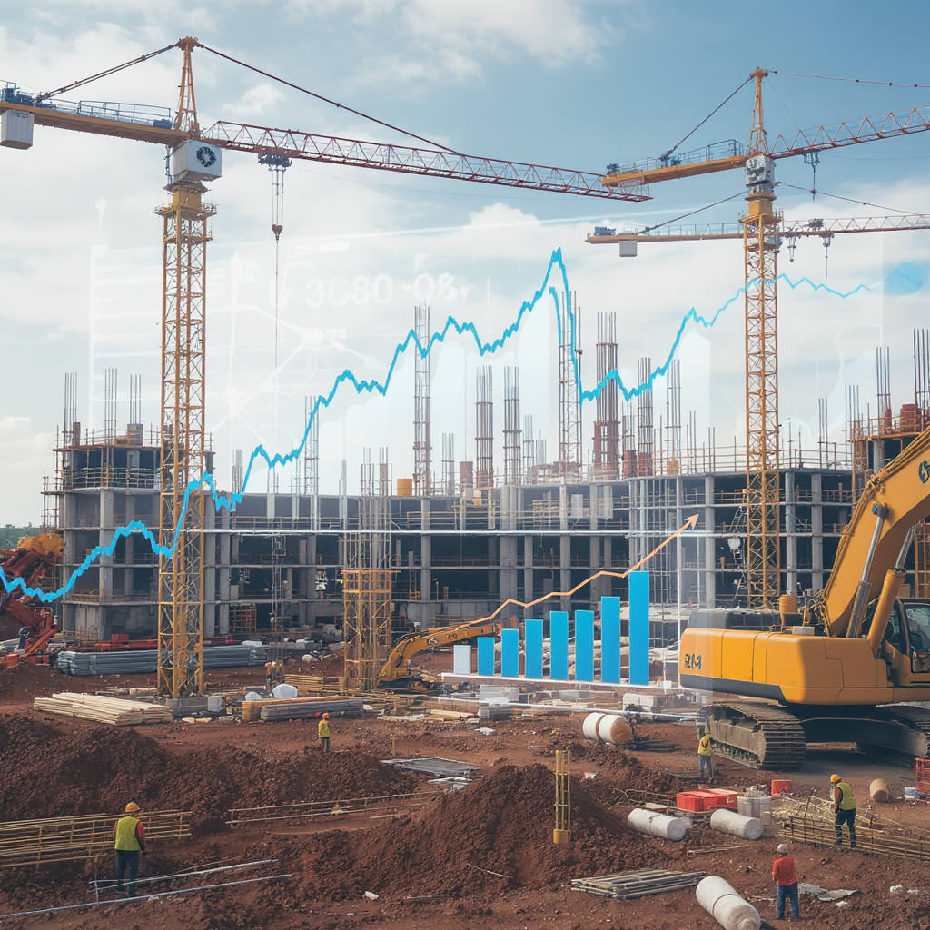A construction site with workers and machines, overlaid with data visualizations like charts and graphs showing real-tim...