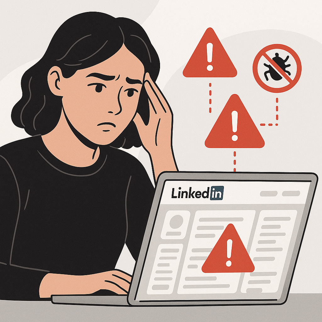 An image depicting a Gen Z job seeker looking concerned while browsing LinkedIn, with red scam warning icons on the scre...