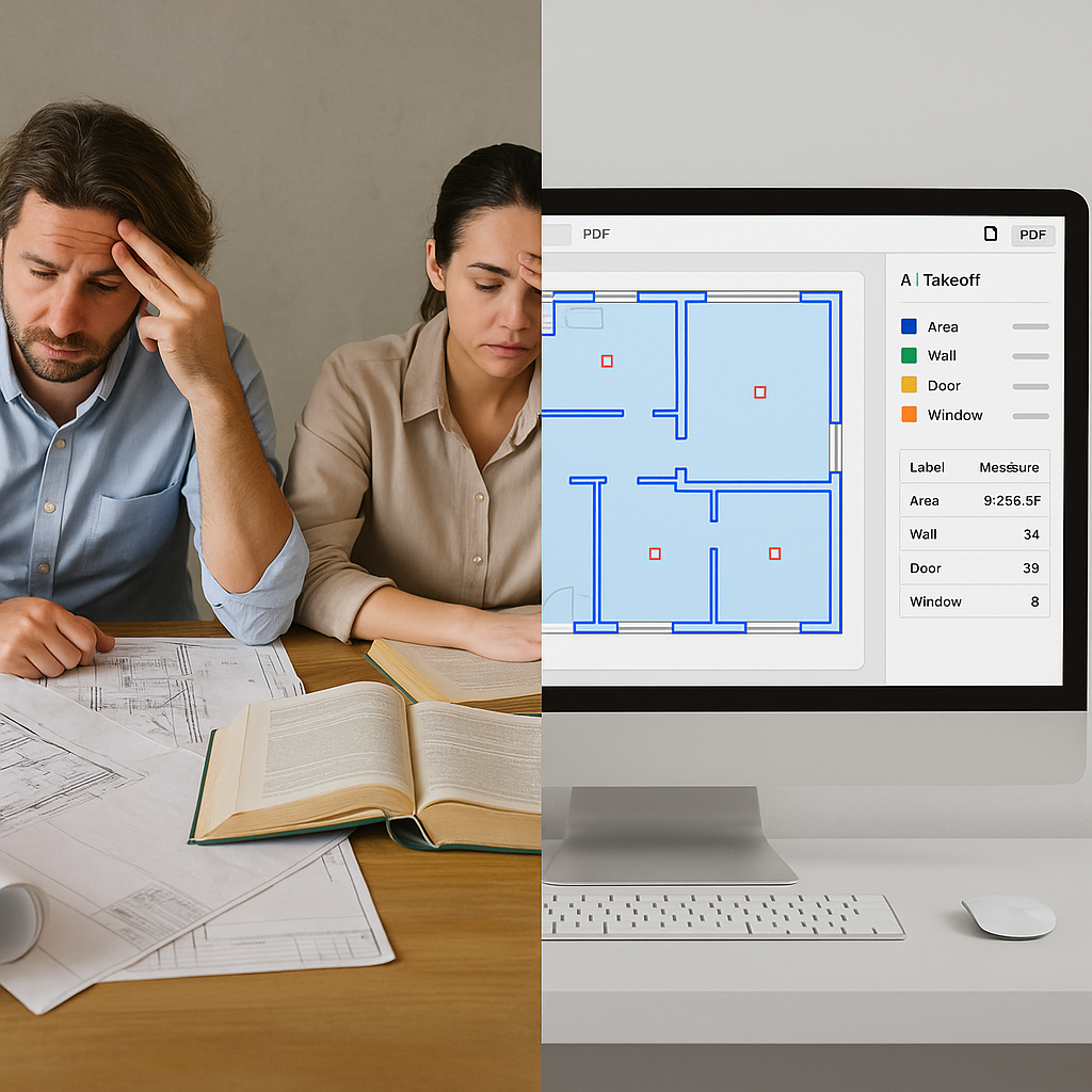A split-screen image: on the left, two tired estimators surrounded by paper drawings and rate books; on the right, a sle...