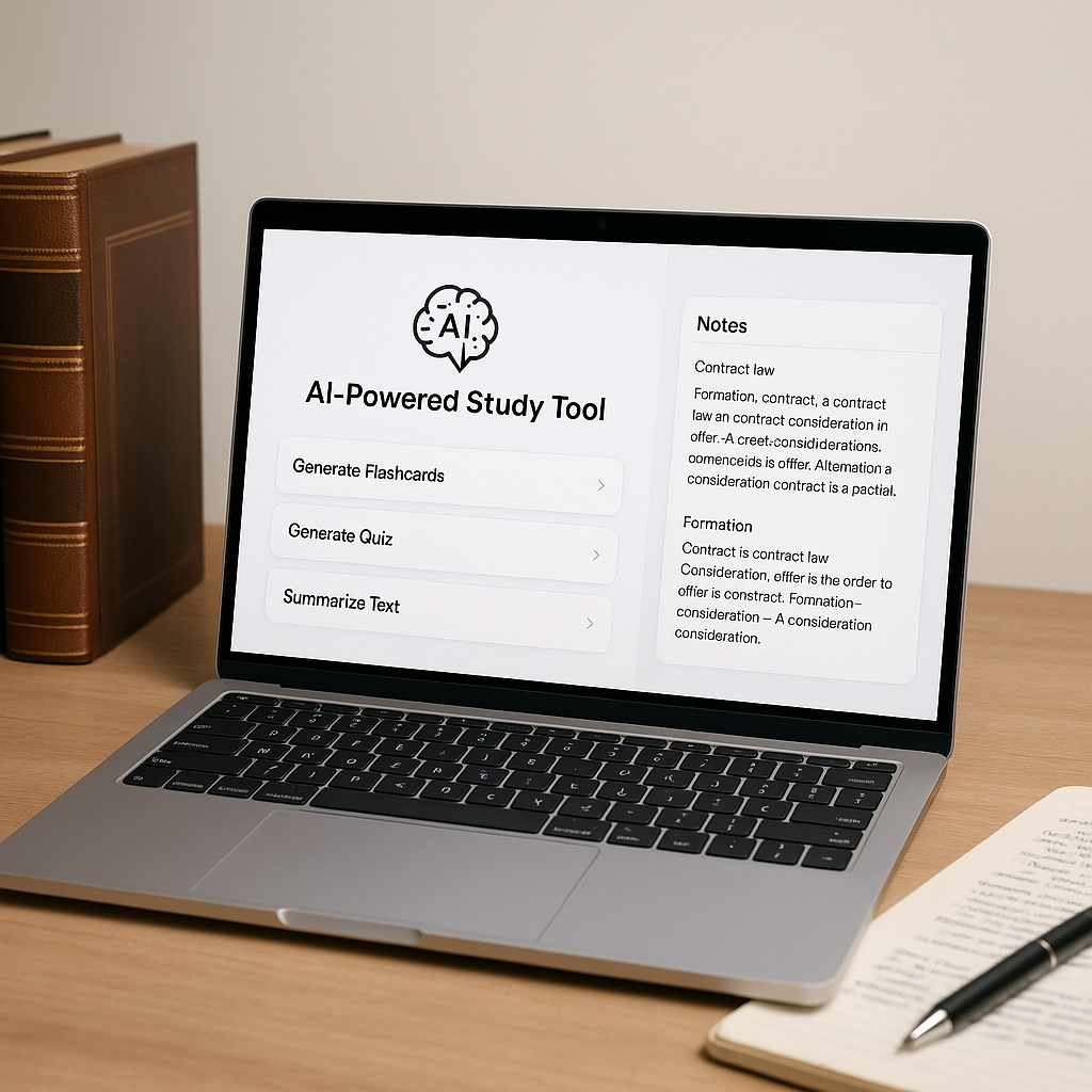 A modern AI-powered study tool interface on a laptop screen, surrounded by legal books and notes, emphasizing affordabil...
