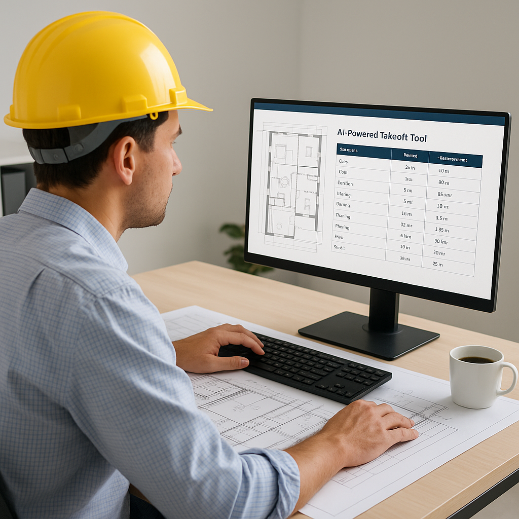 A construction estimator sitting at a desk, looking at a computer screen displaying an AI-powered takeoff tool. Blueprin...