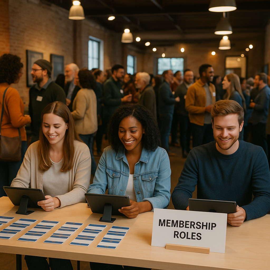 A community event in a cozy venue, featuring a well-organized check-in table with volunteers using tablets, a vibrant cr...