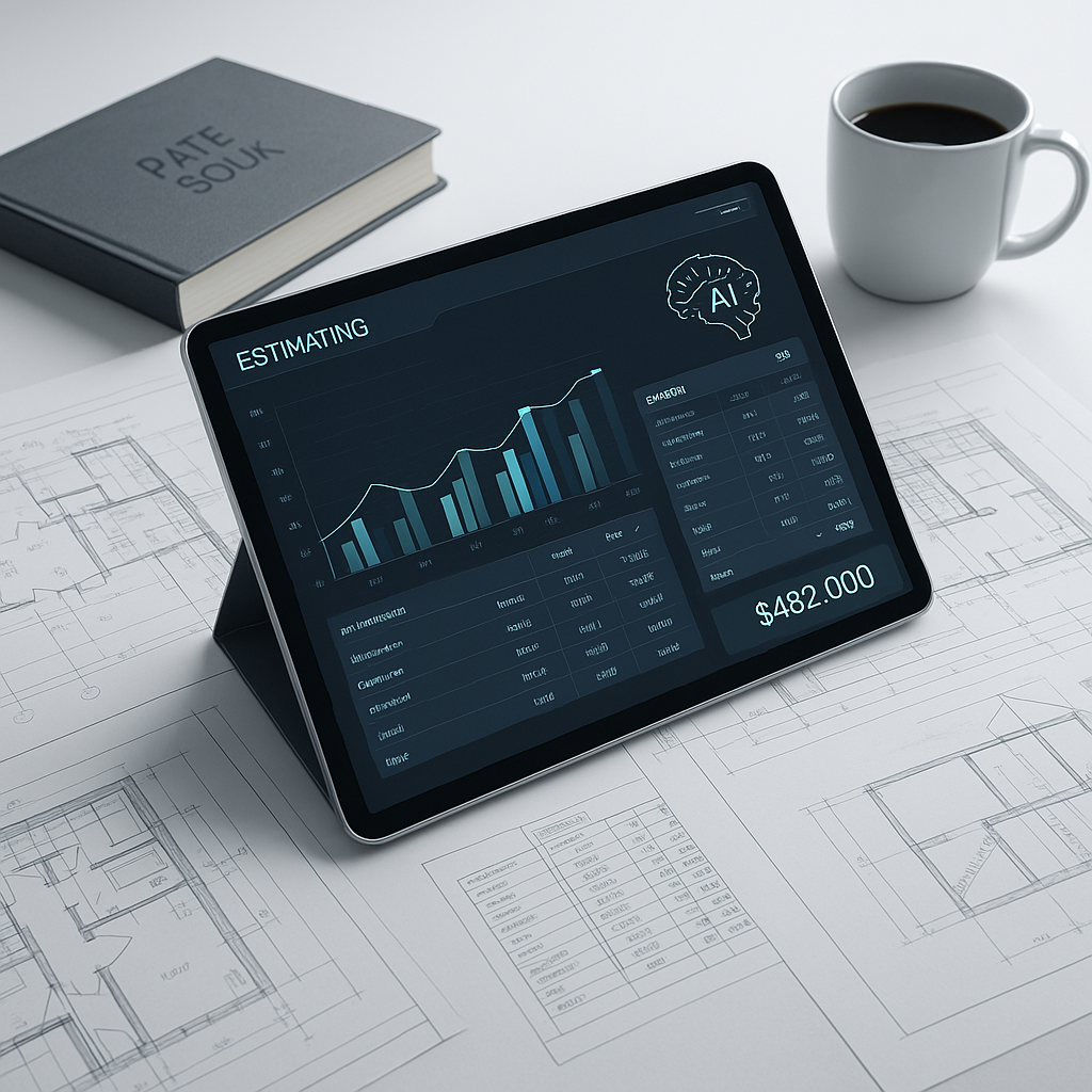 A futuristic construction estimator's desk with a digital tablet displaying an AI-powered estimation software interface,...