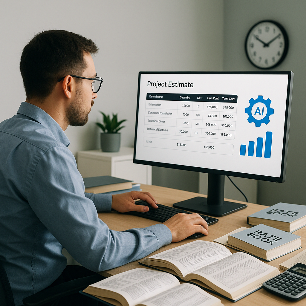 An estimator sitting at a desk with a cluttered workspace filled with open rate books, a computer screen showing an AI-p...