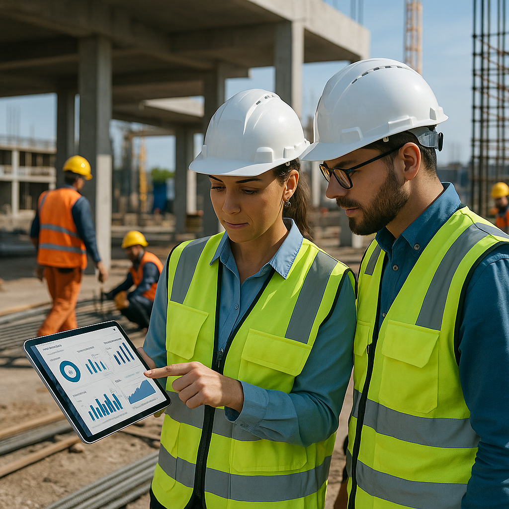 A construction site with engineers reviewing a digital tablet showing progress tracking dashboards, with visible subcont...