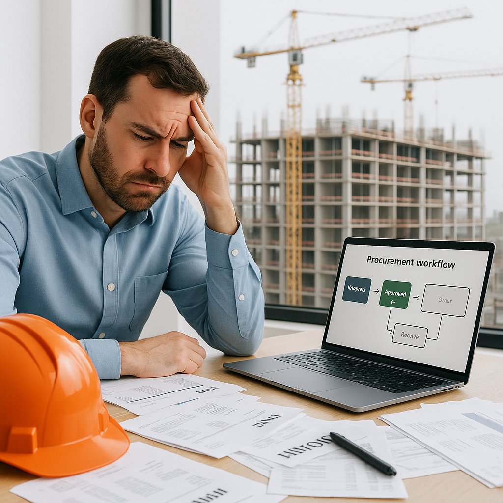 A frustrated construction project manager at a desk cluttered with papers, invoices, and a laptop showing an incomplete...