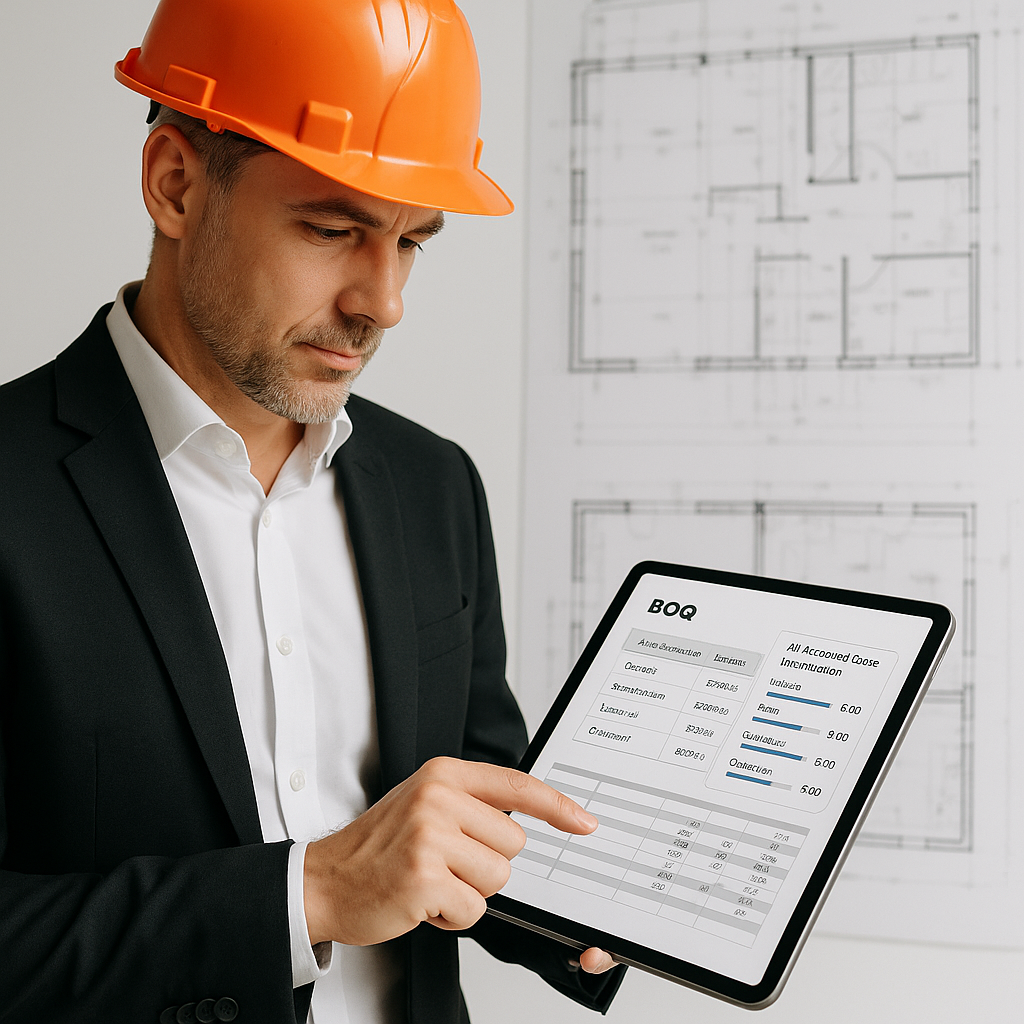 A construction project manager analyzing a digital BOQ on a tablet, with AI-powered rate breakdowns displayed, and a blu...