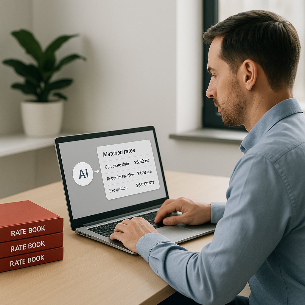 A construction estimator at a desk with a laptop, PDF rate books stacked nearby, and an AI interface on the screen showi...