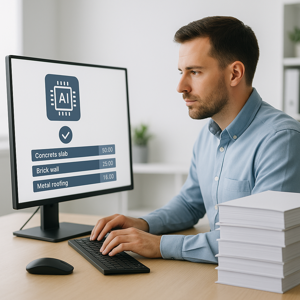 A construction estimator sitting at a desk with stacks of rate catalogs. On the screen, an AI interface instantly pulls...