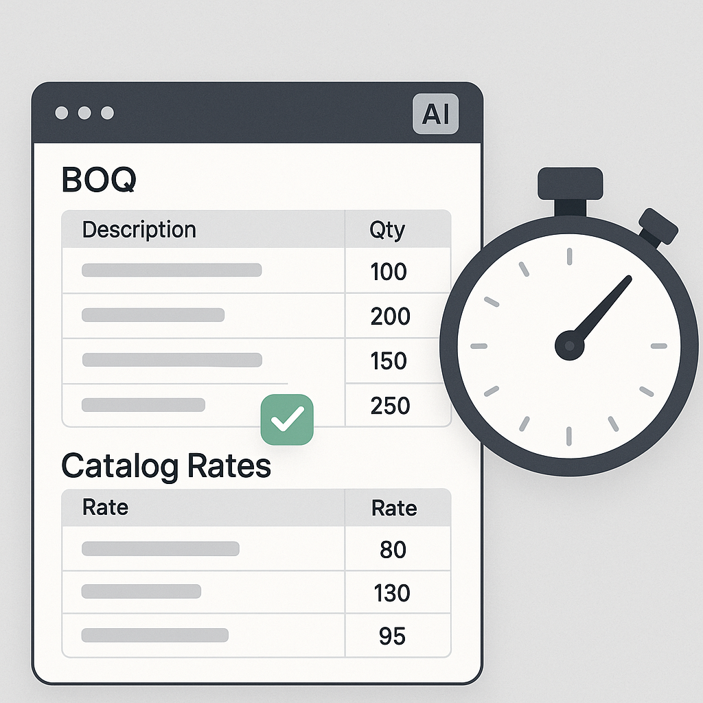 An AI-powered construction software interface showing a BOQ being matched to catalog rates in seconds, with a stopwatch...