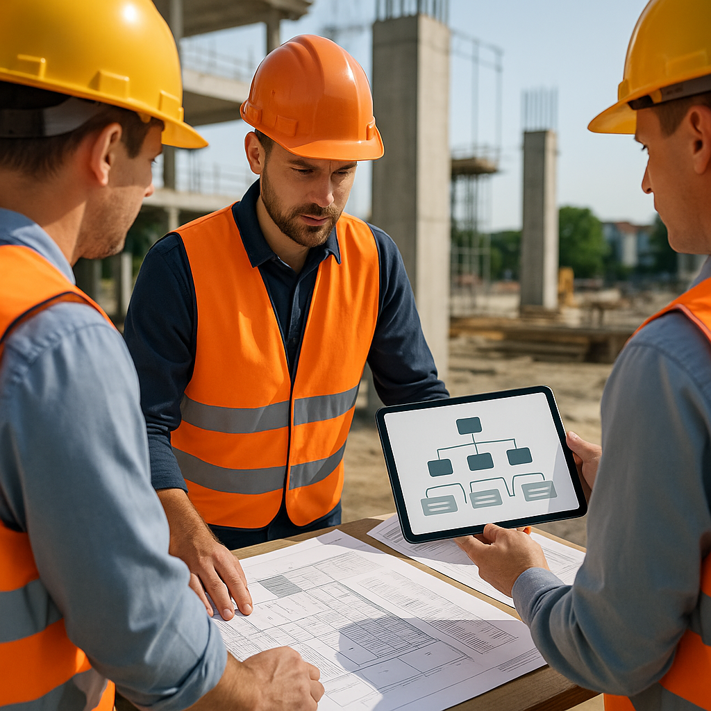 A construction site with workers reviewing blueprints and BOQ documents, with a clear hierarchical structure visible on...