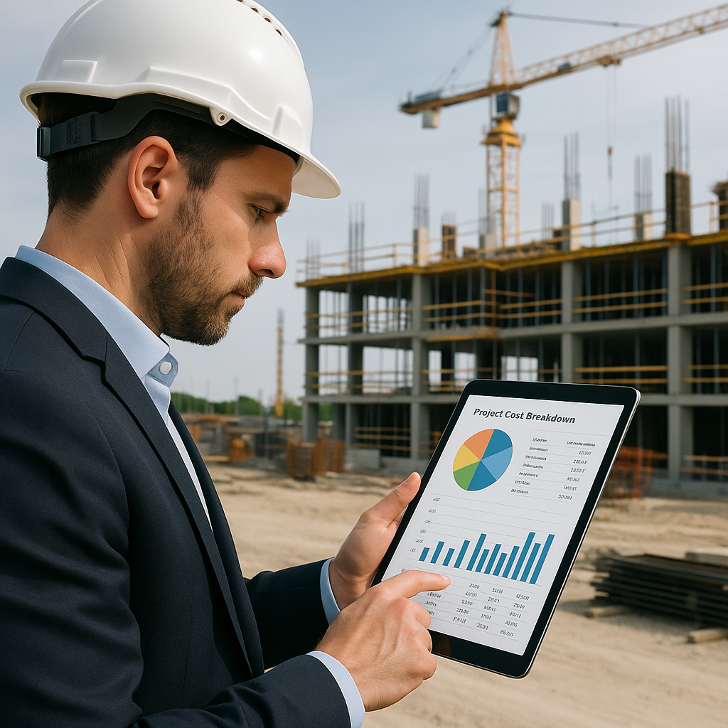 A construction manager reviewing detailed project cost breakdowns on a tablet, with a partially built site in the backgr...