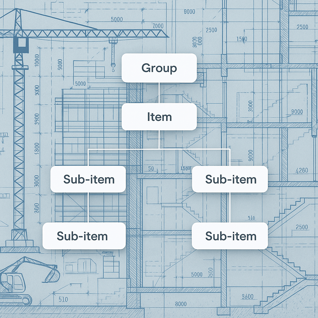 A detailed construction site blueprint with a clear BOQ hierarchy overlaid, showing group-item relationships in the CESM...