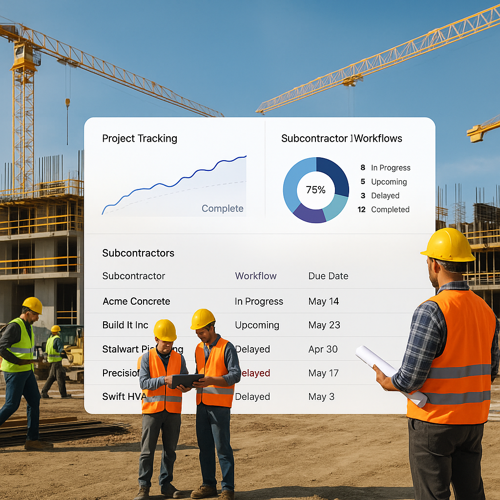 A construction site with workers and subcontractors, overlaid with a digital dashboard showing real-time project trackin...
